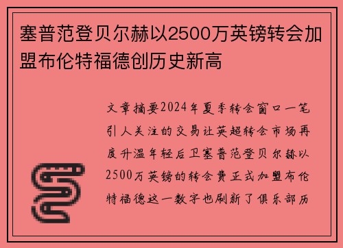 塞普范登贝尔赫以2500万英镑转会加盟布伦特福德创历史新高